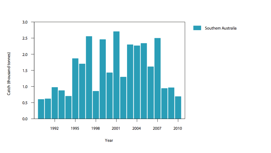 Figure 2a) Commercial catch of Gould's Squid in Australian waters, 1990–2010 (calendar year)