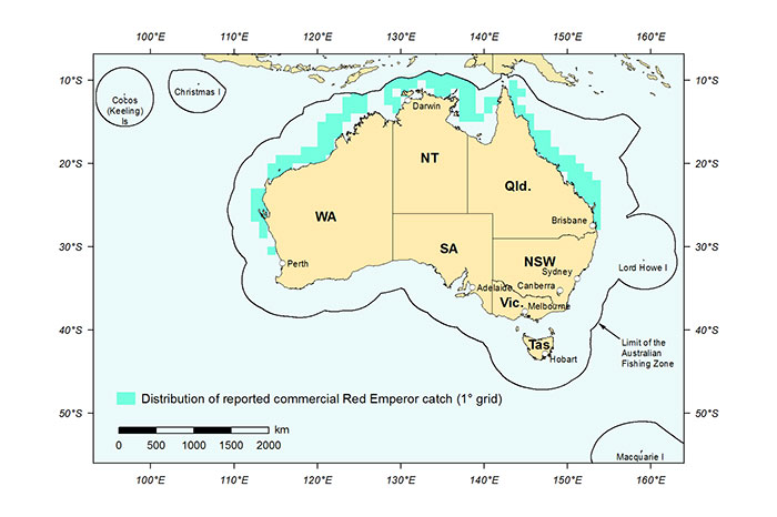 Figure 1: Distribution of reported commercial catch of Red Emperor in Australian waters, 2013 (calendar year)