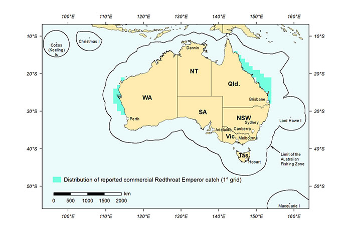 Figure 1: Distribution of reported commercial catch of Redthroat Emperor in Australian waters, 2013 (calendar year)